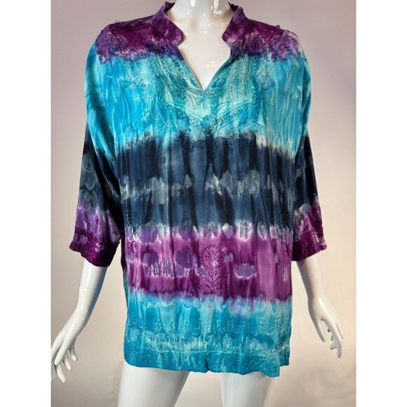 Vintage Indian Tropical Fashion Tie-Dye Tunic Top One Size 100% Rayon Embroidere - Picture 14 of 16